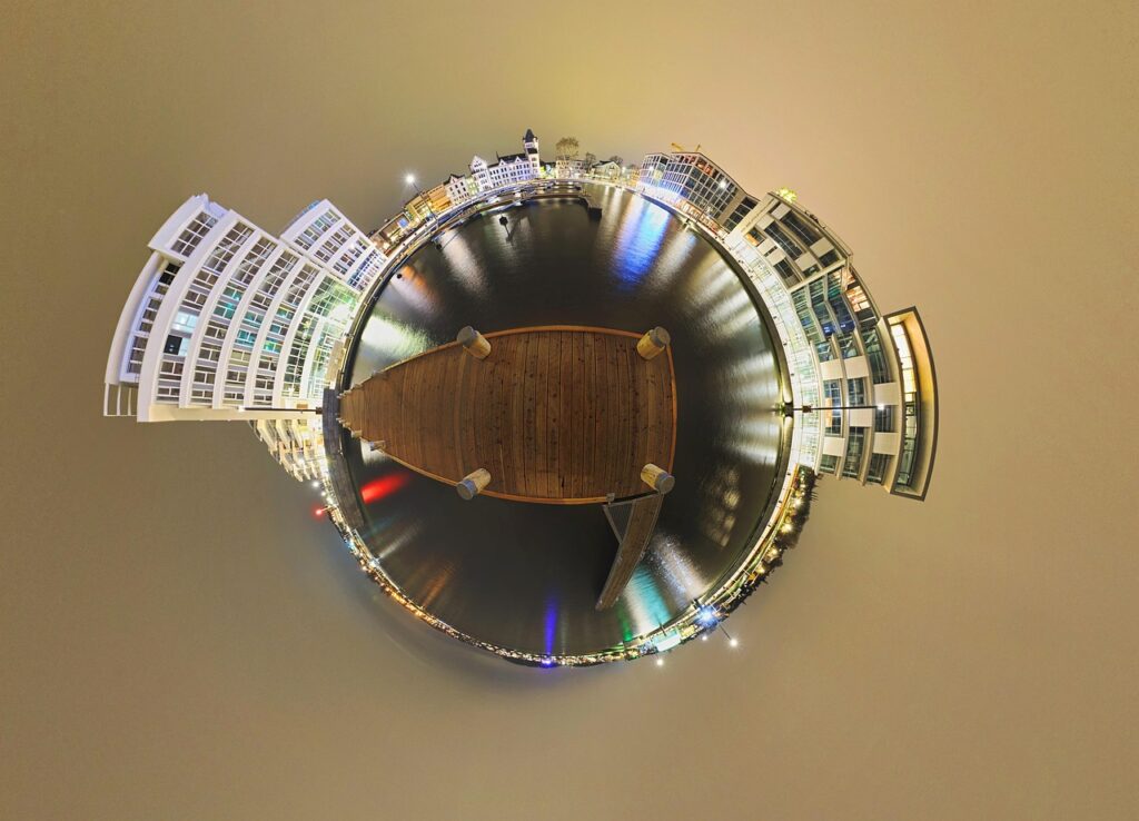 dortmund, phoenix lake, panorama, nature, night, night shot, houses, light, architecture, lake, water, 360 °, little planets, spherical panorama, 360-degree panorama, spherical projection, projection, panoramic shot, 360-degree panoramic shooting, 360-degree recording, photo technology